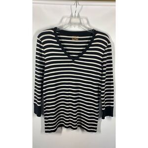 Jones New York Womens Striped Neck Pullover Sweater Black And White Medium